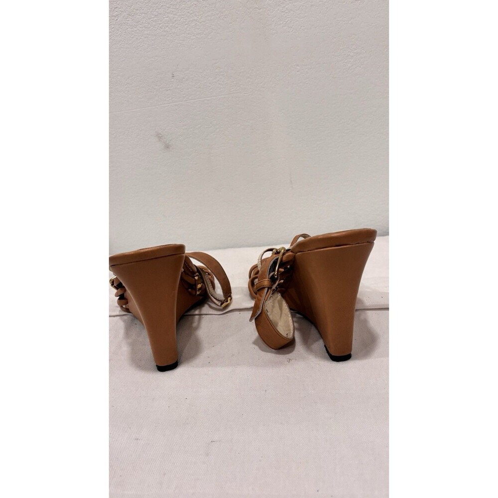 Michael Kors Wedge Sandals Size 8 Brown Leather Strappy Gold Accent Heels - Picture 7 of 11